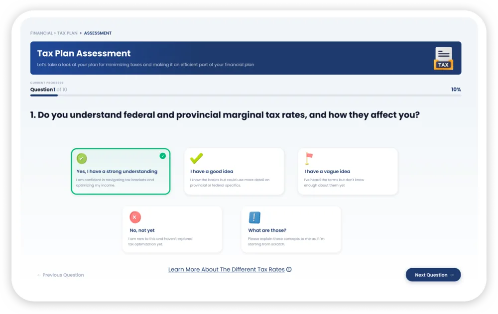 RetireMint Planner tax plan assessment question with answer choices